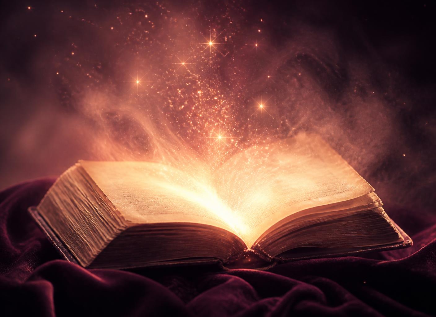 An ancient open book on plum velvet, its pages glowing with golden light