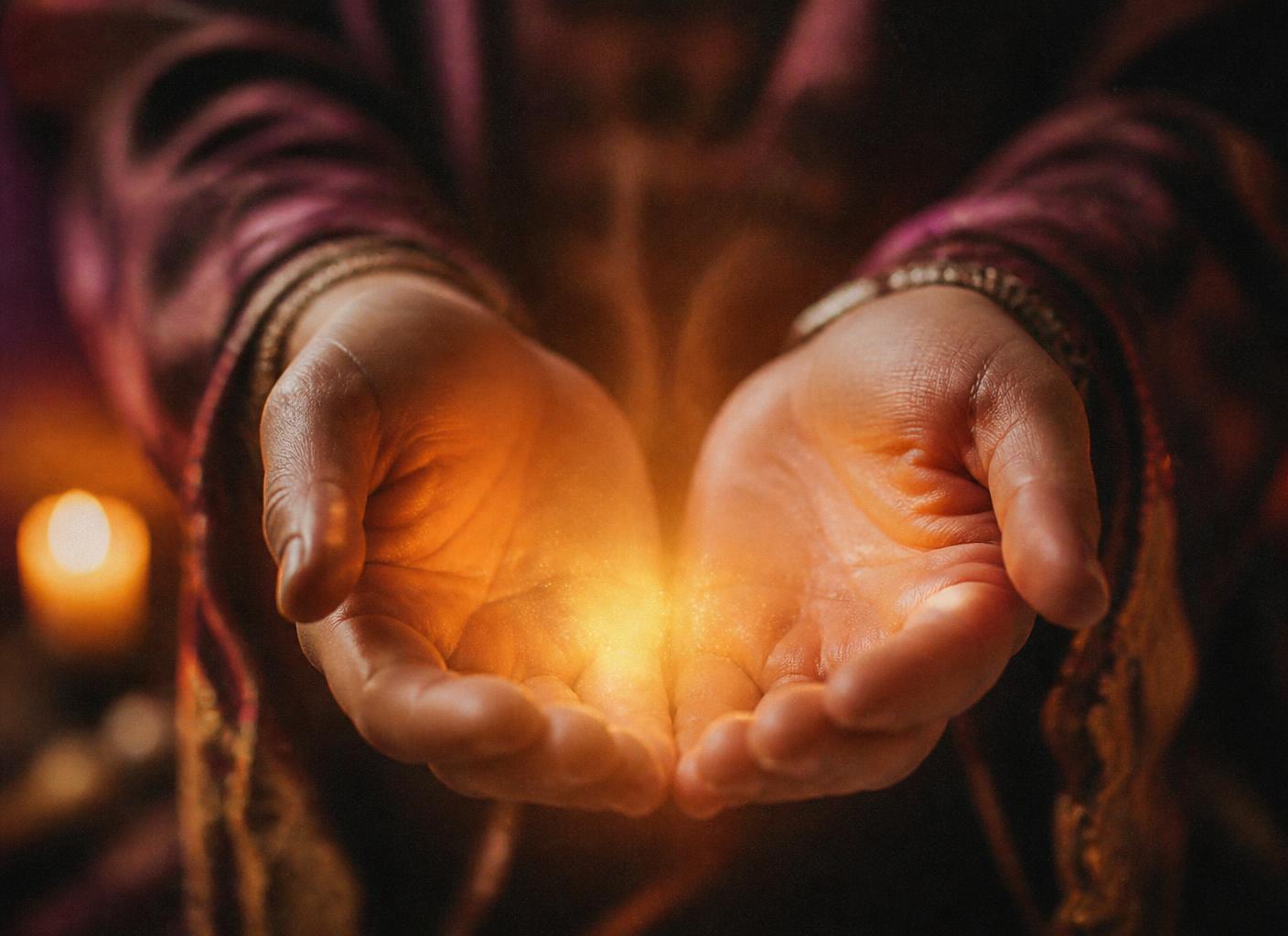 Two open hands cupped upward with a golden glow of energy between the palms