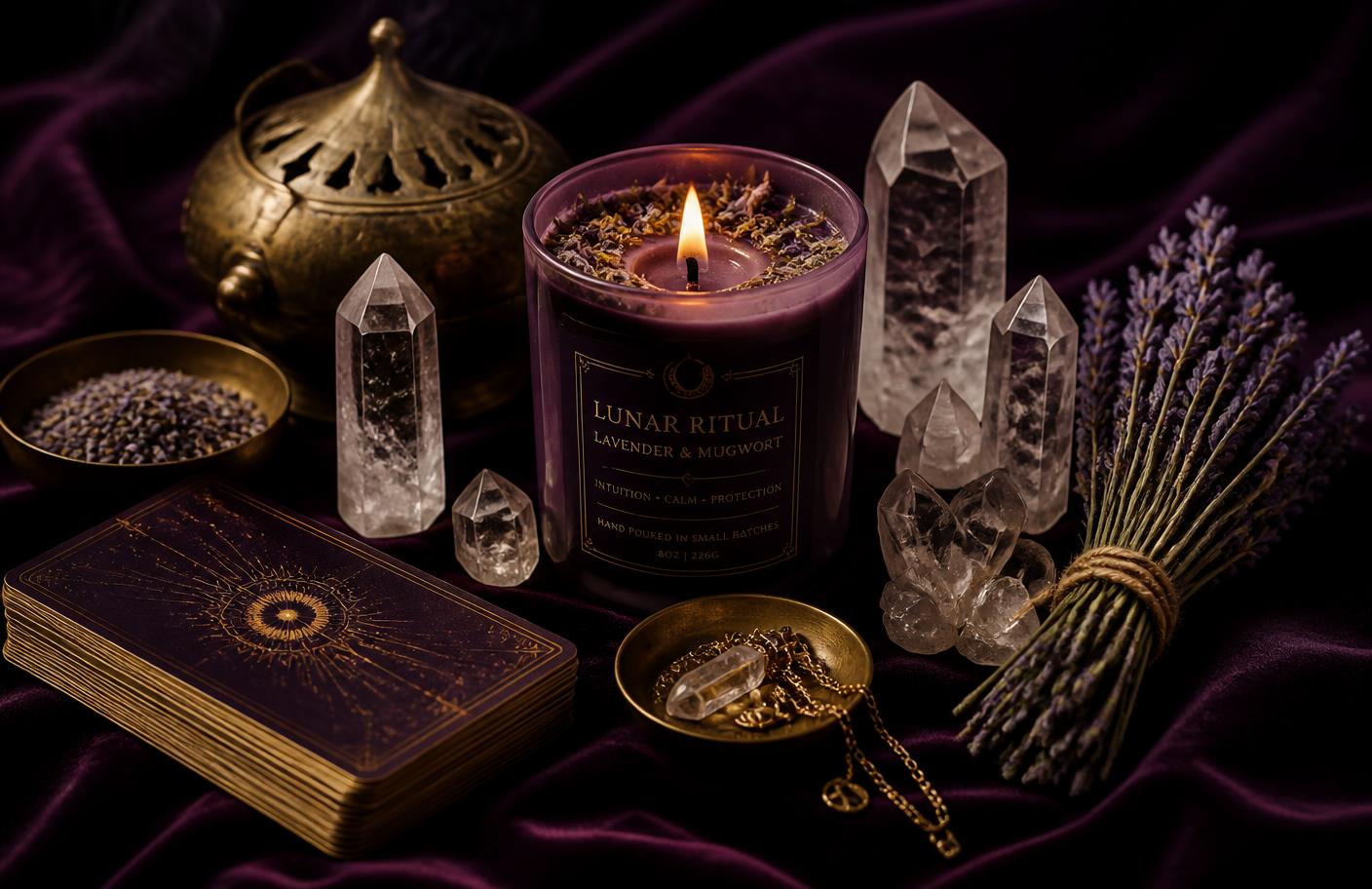 Ritual candle, quartz crystals, tarot deck and lavender arranged on deep plum velvet